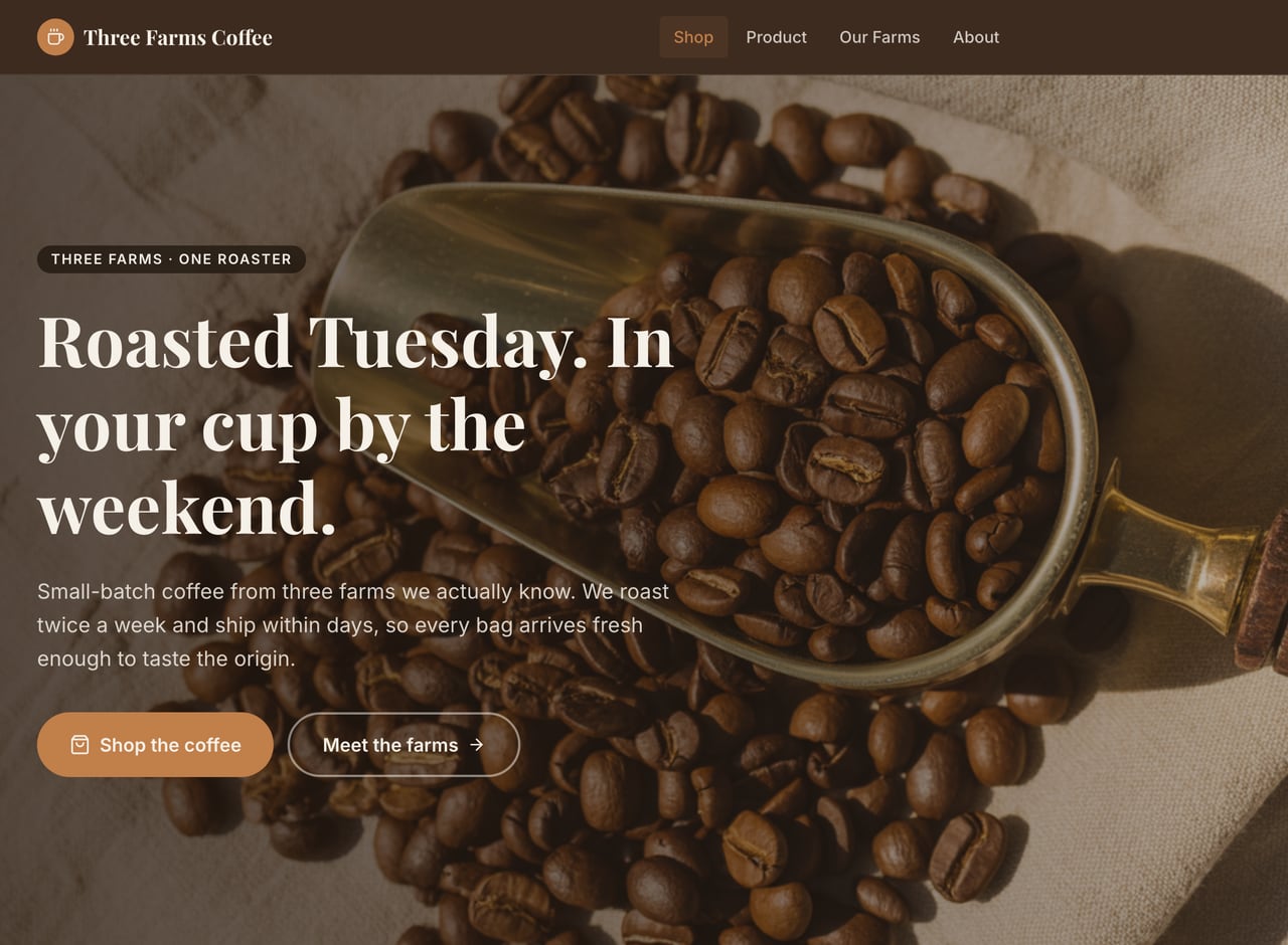 Three Farms Coffee — a real business built with Helm
